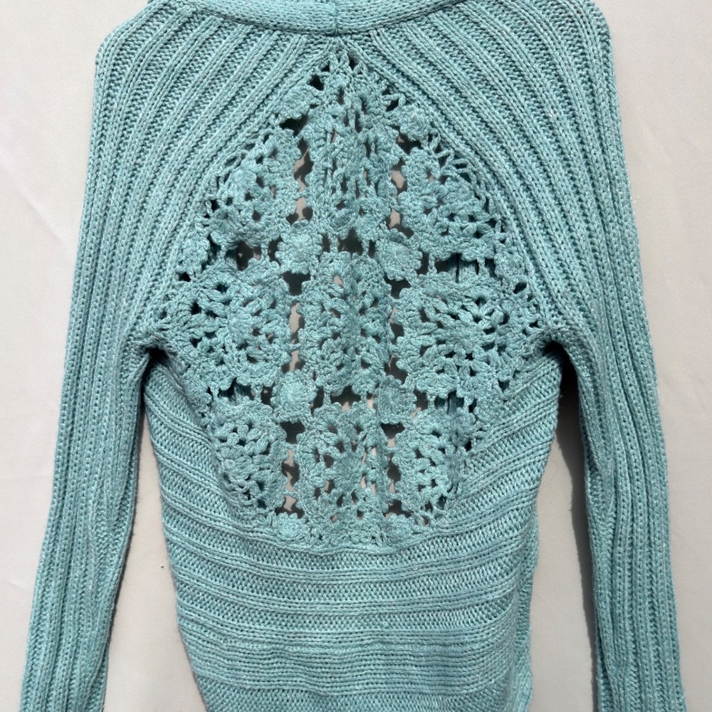 Romeo & Juliet Couture Boho Knit Aqua Crochet Back Cocoon Cardigan Open Front S - Picture 5 of 7